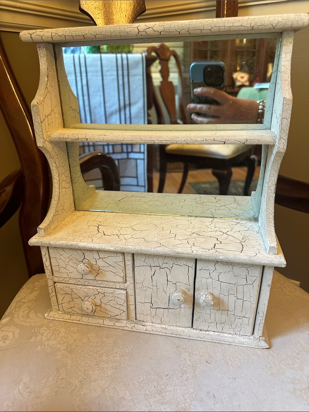 Vintage miniature crackled wood with mirrored panels curio cabinet for trinkets